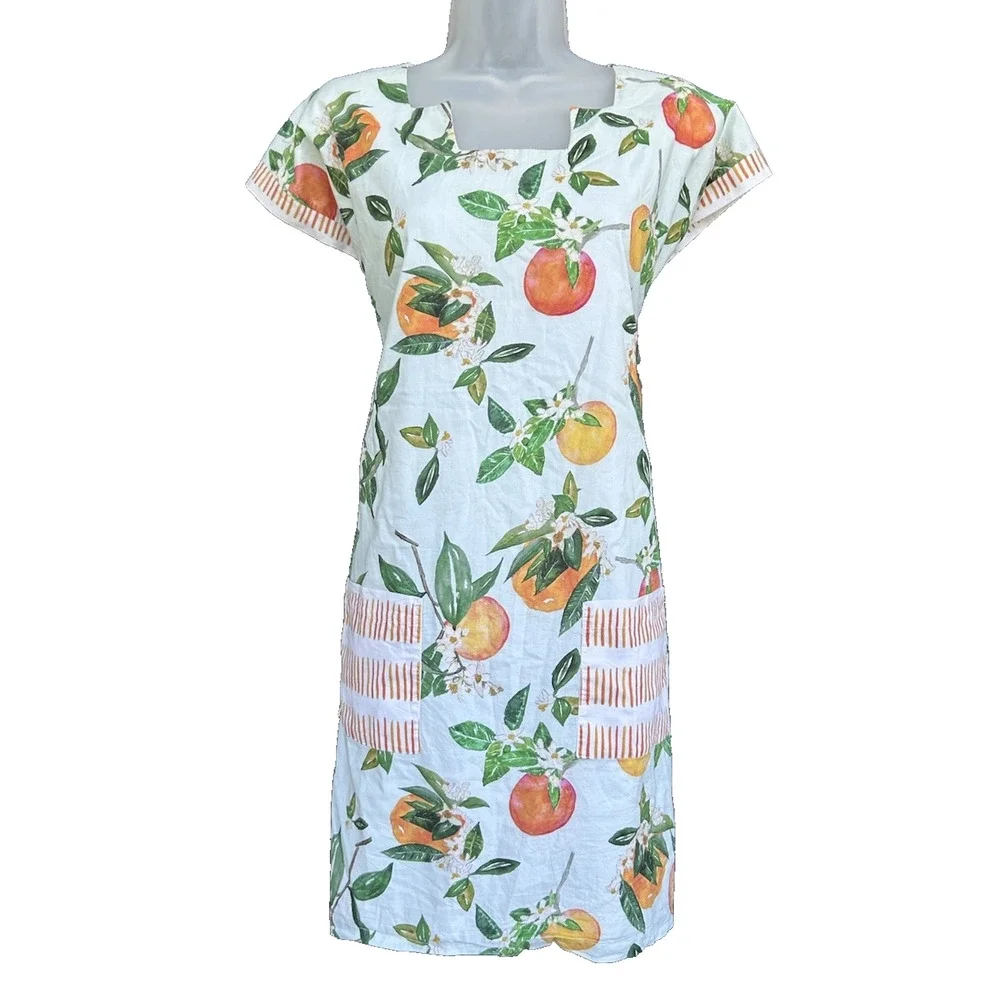 Brooke Wright Citrus Orange Print Shift Dress Size Large Cotton Pockets Resort